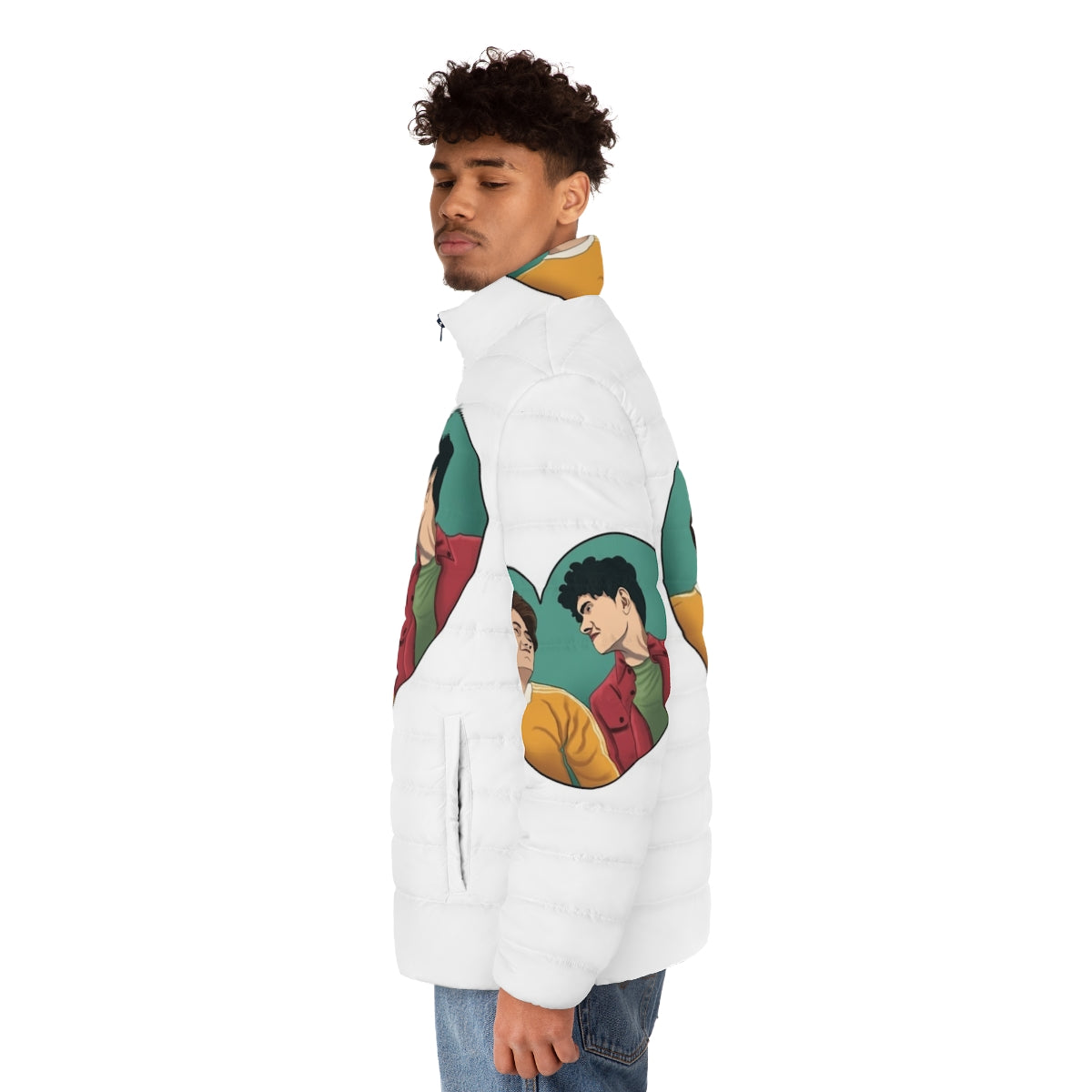 Heartstopper Nick and Charlie Friendship Puffer Jacket featuring characters from the popular Netflix series - men side left