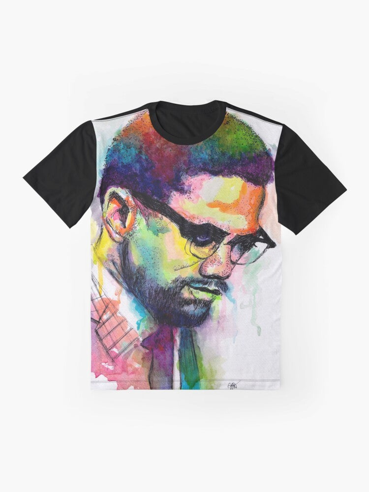 Man wearing a black t-shirt with a graphic design of Malcolm X, a prominent civil rights activist - Flat lay