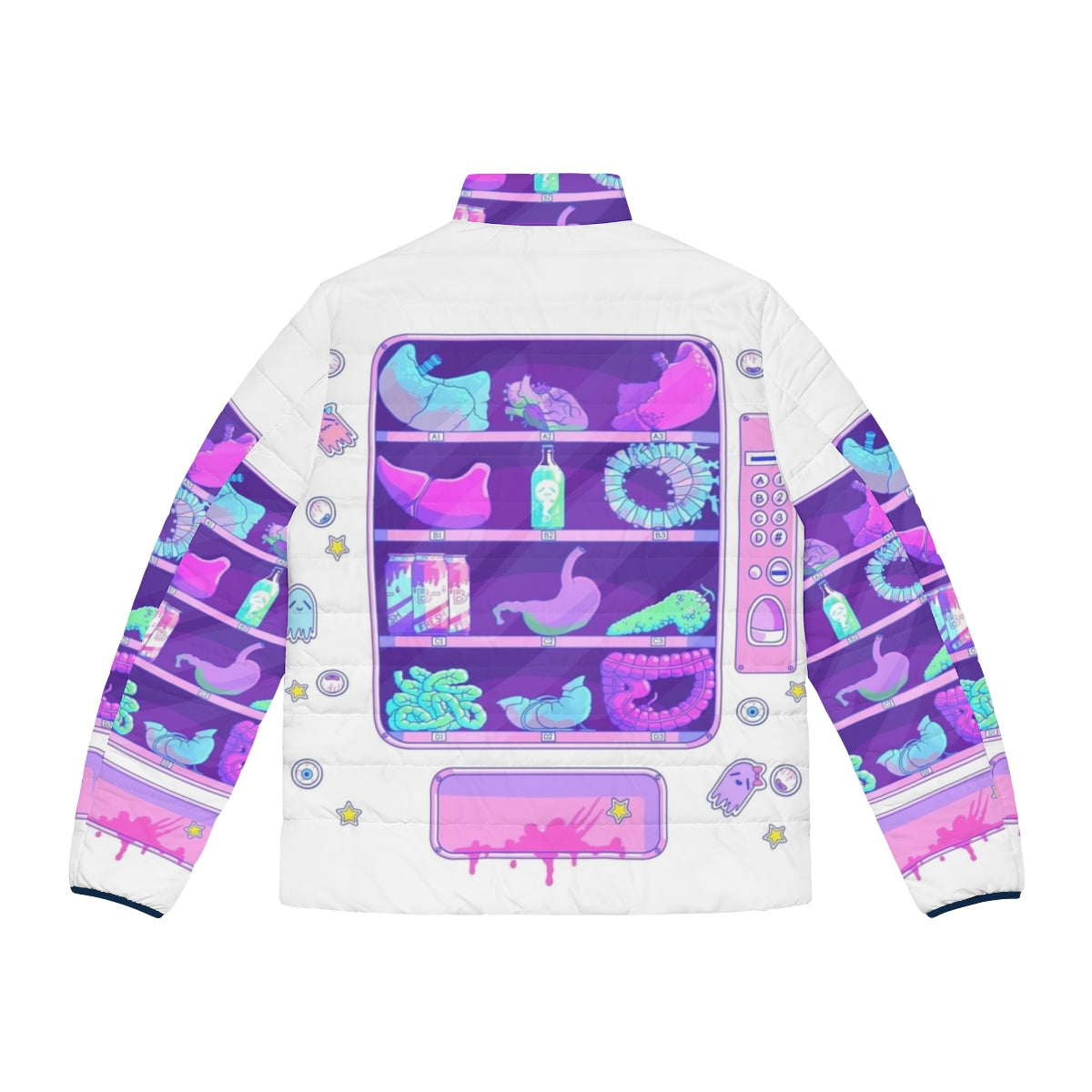 Pastel goth puffer jacket with a print of bizarre, surreal organs - Back