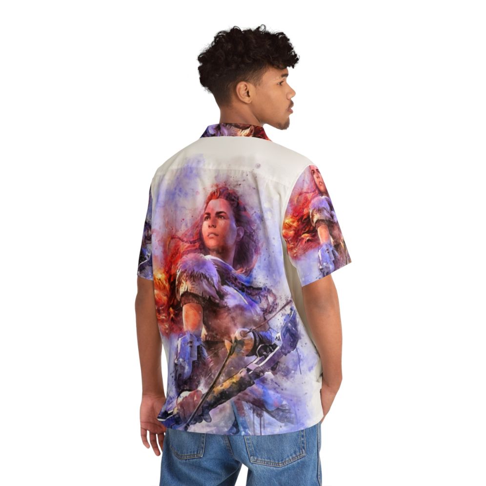 Aloy Watercolor Hawaiian Shirt - Horizon Zero Dawn Inspired Gaming Apparel - Flat lay