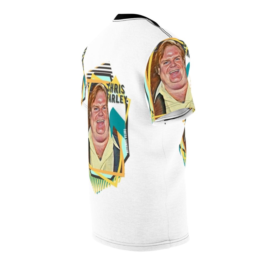 Retro-style t-shirt featuring an illustration of comedian Chris Farley - men right