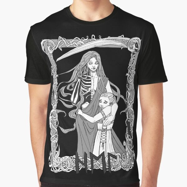 Hel, the Norse goddess of the underworld, depicted on a black graphic t-shirt