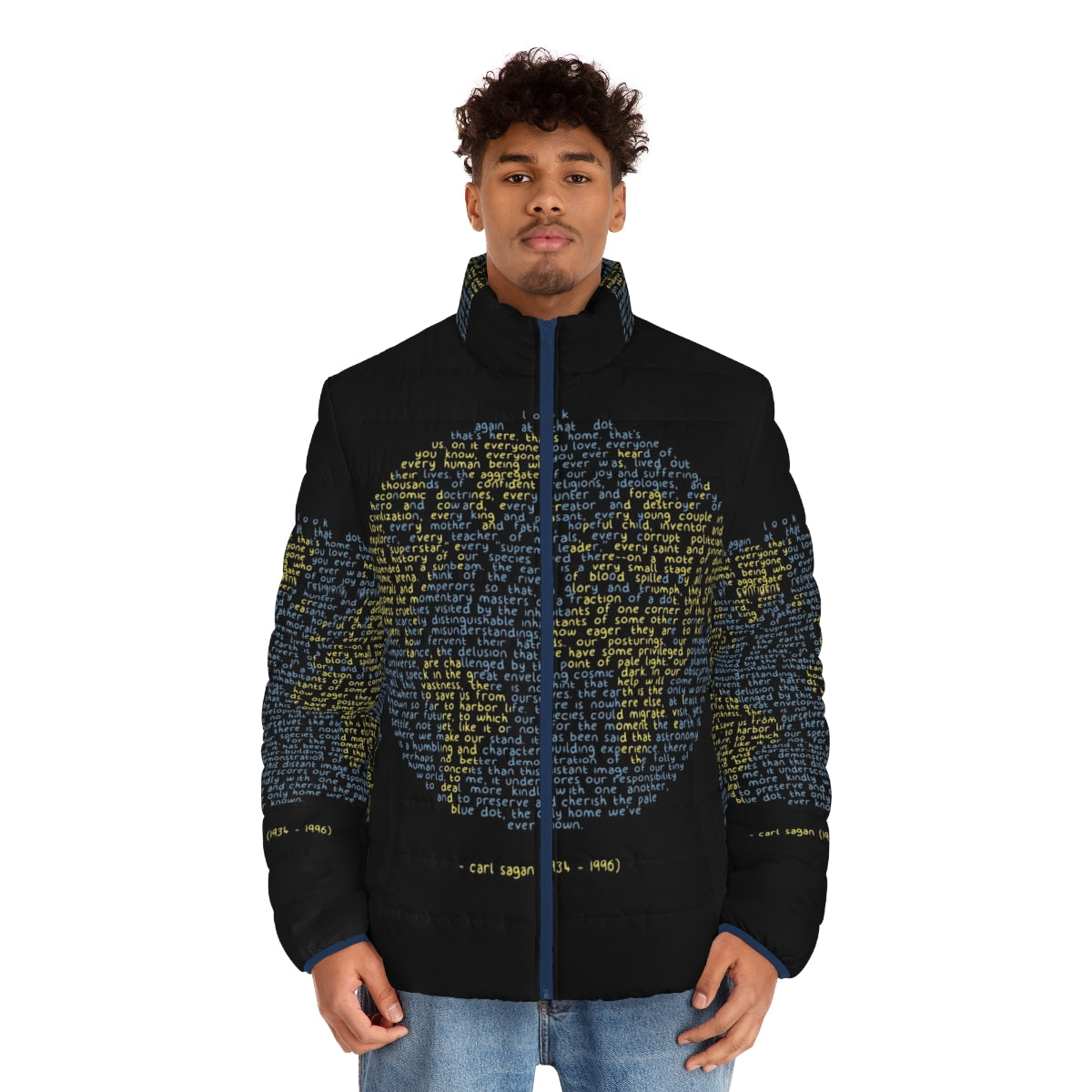 Pale Blue Dot Puffer Jacket featuring cosmic design and eco-friendly materials - men front