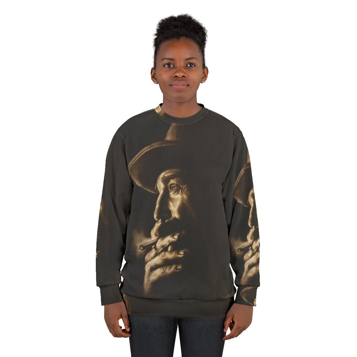 Daniel Plainview character from "There Will Be Blood" on a charcoal colored sweatshirt - women