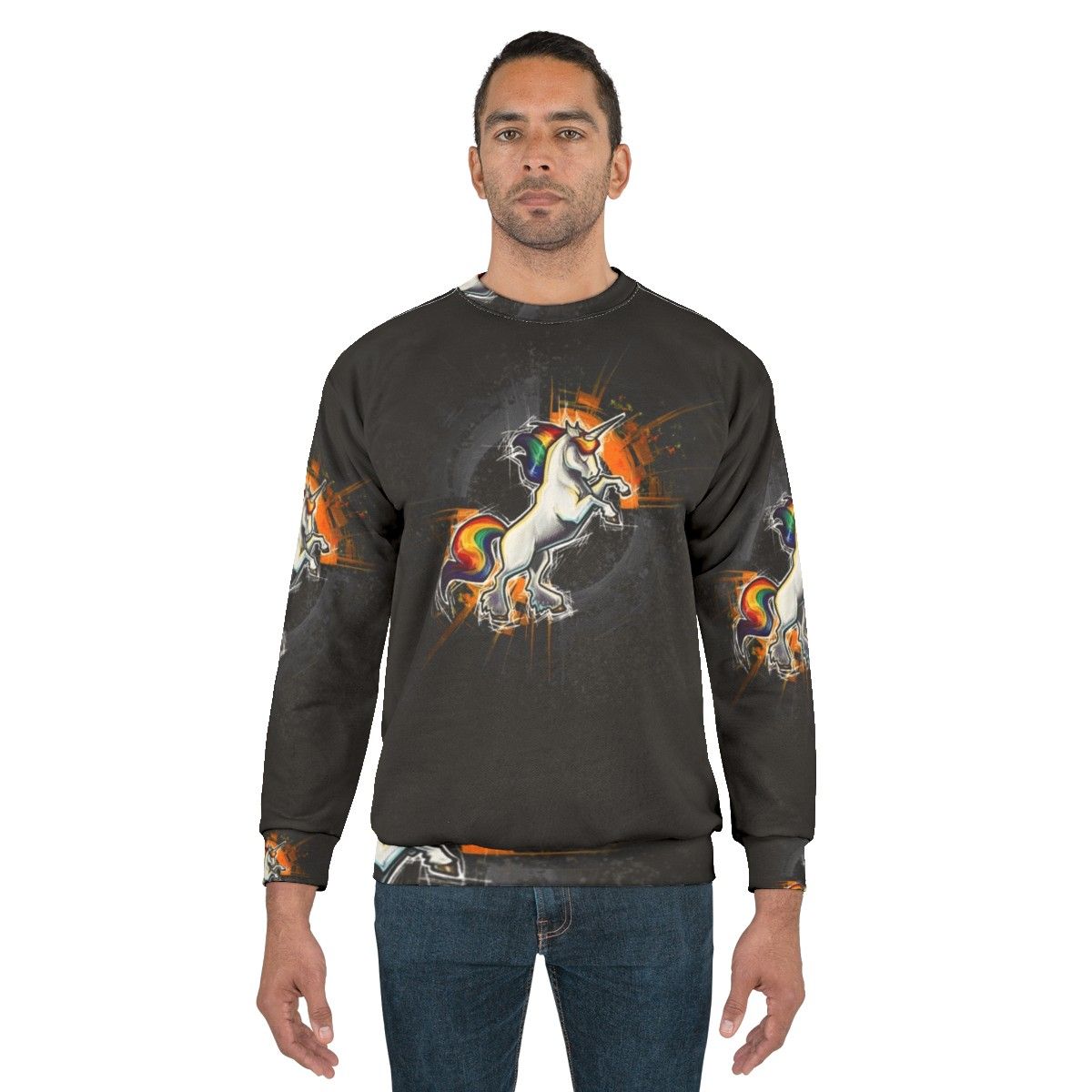 Death metal unicorn sweatshirt with dark gothic design - men