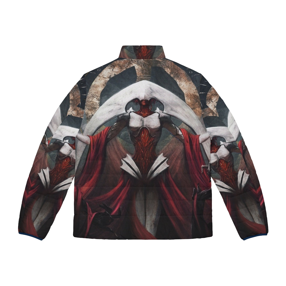 Elesh Norn inspired fantasy puffer jacket with red landscape design - Back