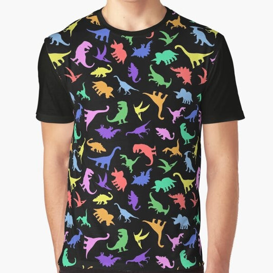 Graphic T-Shirt featuring a fun dinosaur pattern on a black background