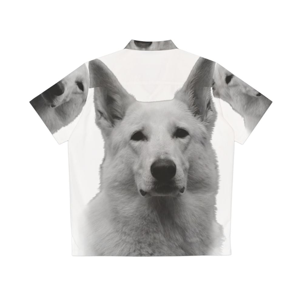 White German Shepherd wearing a Hawaiian shirt - Back