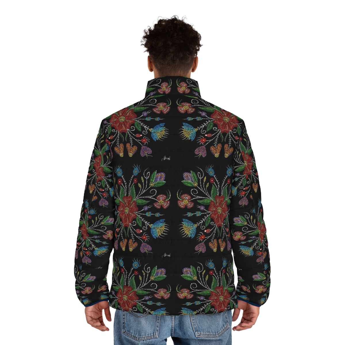 Metis inspired puffer jacket with intricate beadwork design - men back