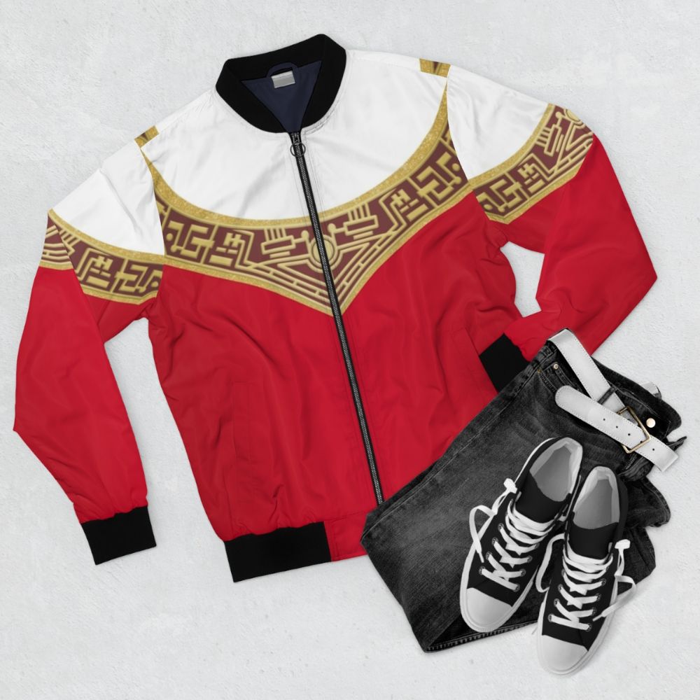 Zeo Red Bomber Jacket with Power Rangers Graphic - Flat lay