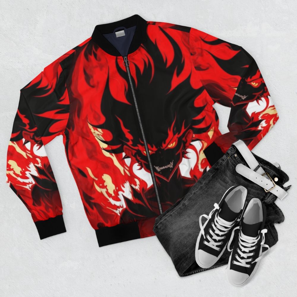 A bomber jacket featuring a fiery demon character from an anime-inspired design with Brazilian phonk music influences. - Flat lay