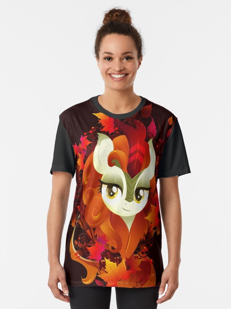 Autumn Blaze Graphic T-Shirt featuring a pony design with fall leaves - Women