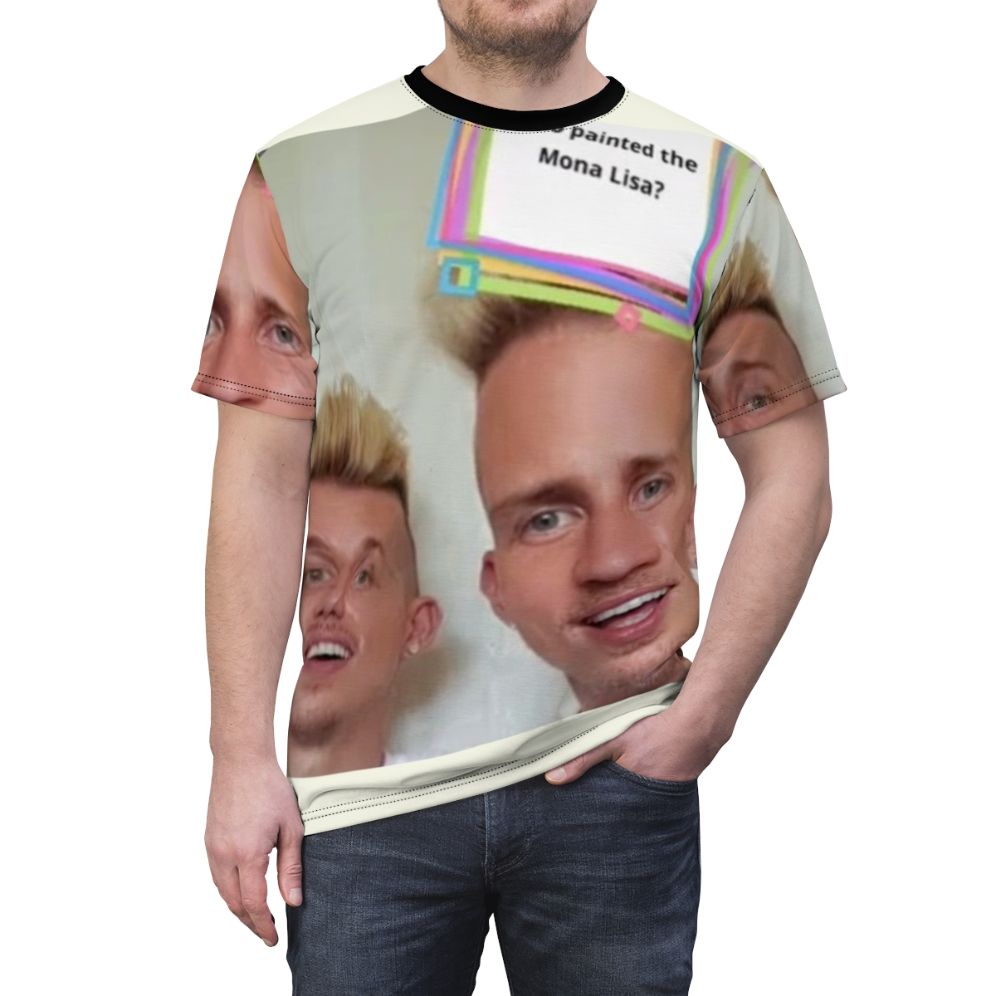 Parody Da Vinki Twins T-shirt design featuring a meme-inspired graphic - men front