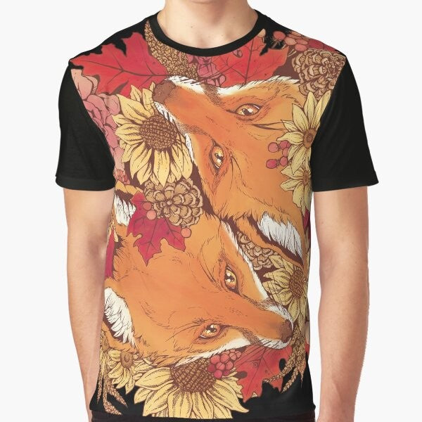 Autumn fox graphic design with sunflowers and fall leaves