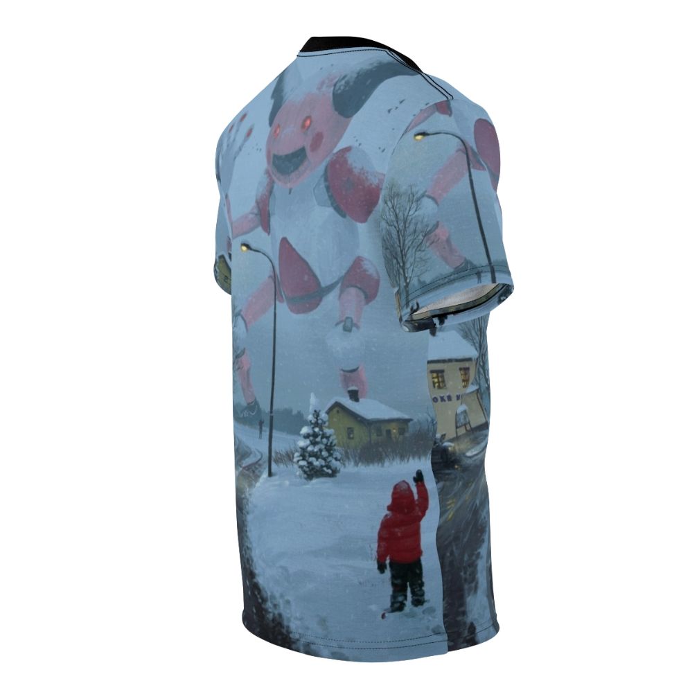 Mecha robot figure standing in a snowy, post-apocalyptic landscape on an all-over print t-shirt - men right