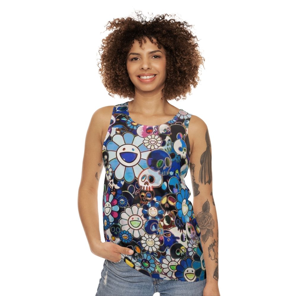 Unisex tank top with abstract floral pattern inspired by Takashi Murakami - women