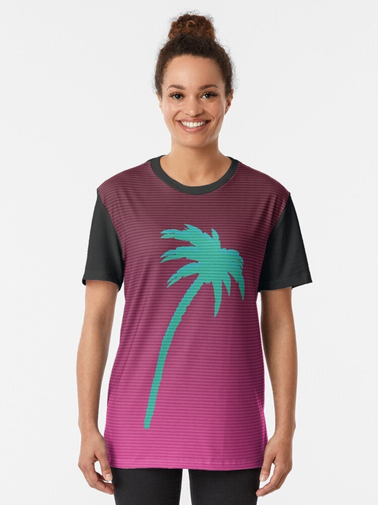 Hotline Miami inspired palmtree vaporwave graphic t-shirt - Women