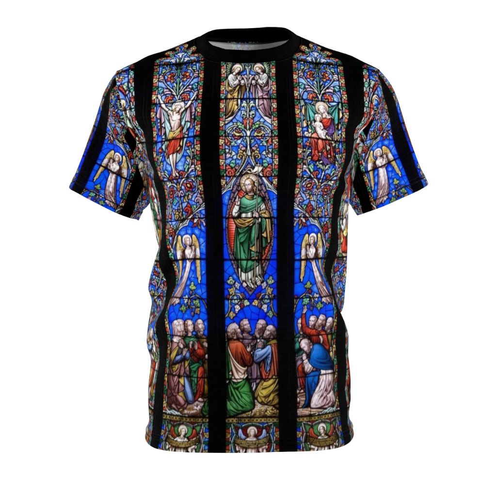 A high-quality t-shirt featuring a stunning design of a stained glass church window, perfect for those seeking faith-based fashion.