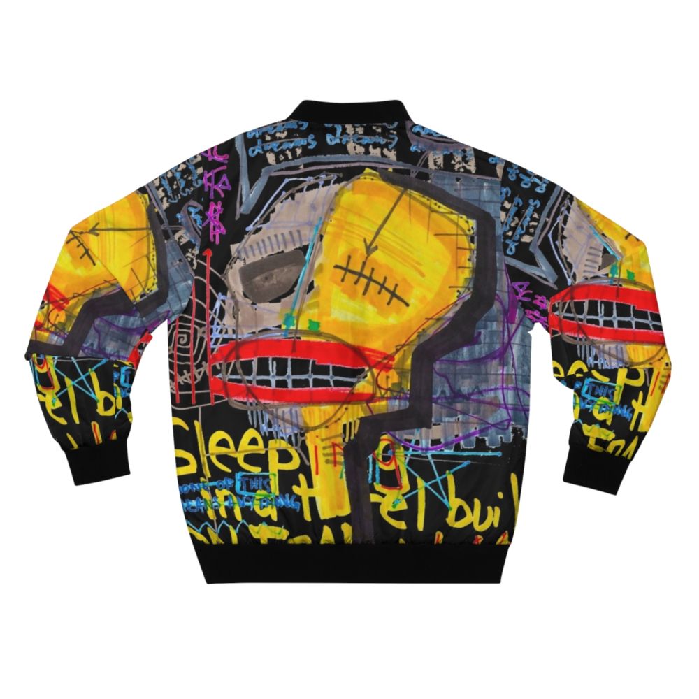 Mijumi art abstract bomber jacket with text "Sleeping in a Hotel Built on Fear & Love" - Back