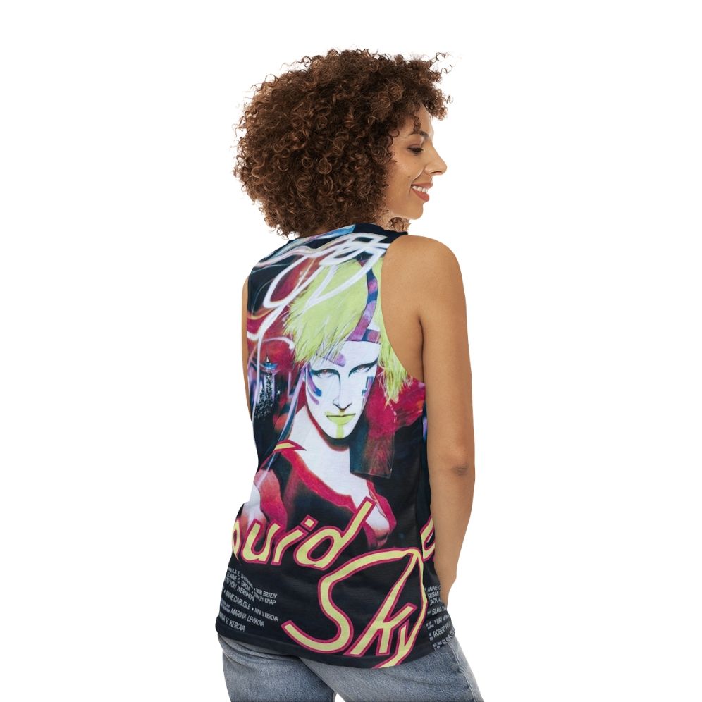 Retro unisex tank top featuring surreal art inspired by the 80s cult classic film "Liquid Sky" - women back