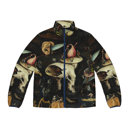 Hieronymus Bosch inspired puffer jacket featuring surreal, fantasy, and Christian imagery