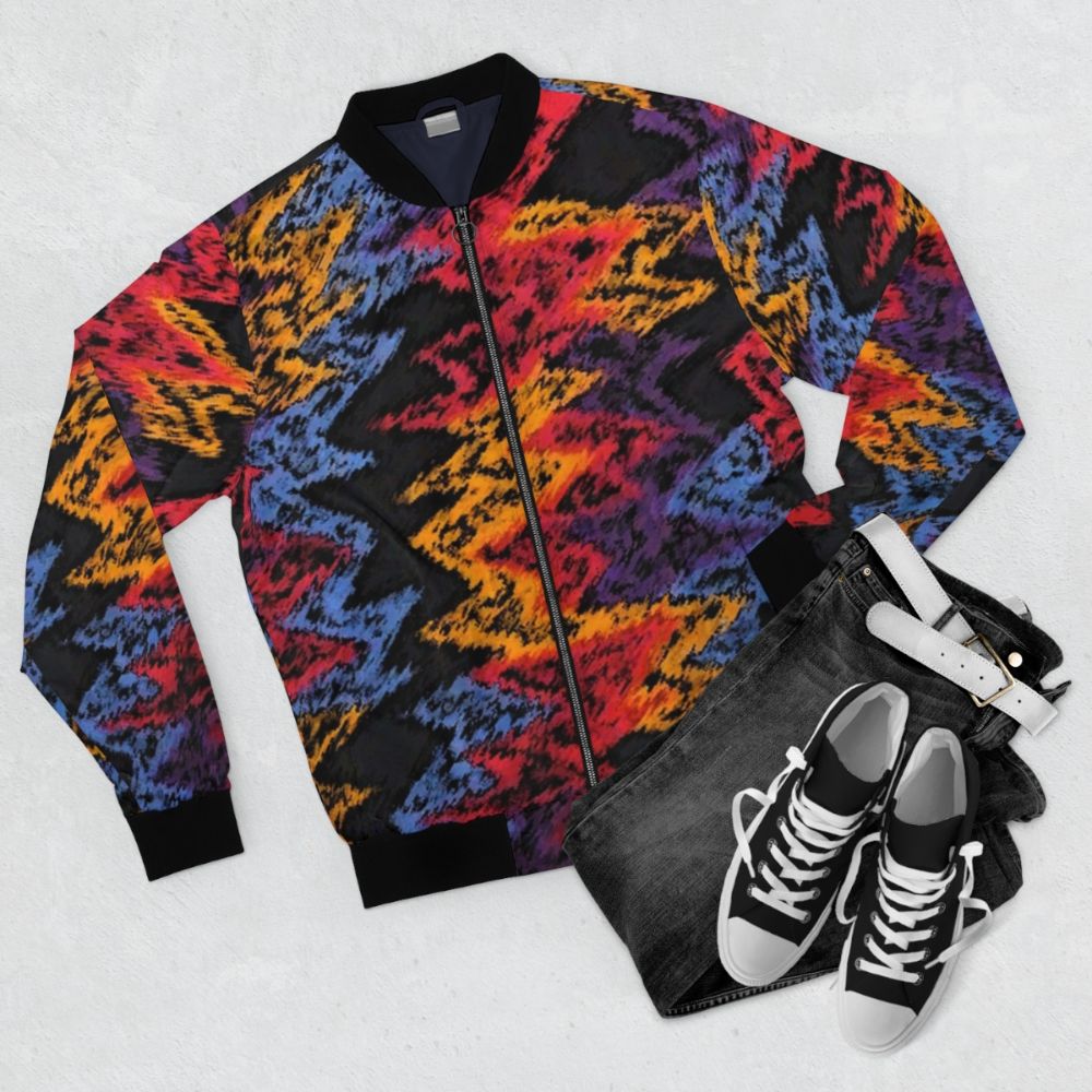 Retro bomber jacket with vintage-inspired basketball graphic pattern - Flat lay