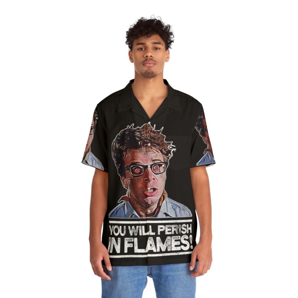 Possessed Hawaiian Shirt with "You Will Perish in Flames" Text - People Front