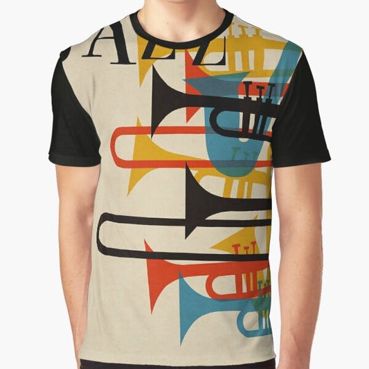 Vintage jazz-inspired graphic t-shirt with saxophone, trumpet, and facemask design for COVID-19 protection.