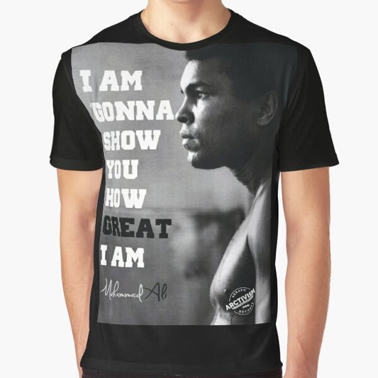 Graphic t-shirt featuring an image of Muhammad Ali and the quote "I am gonna show you how great I am"