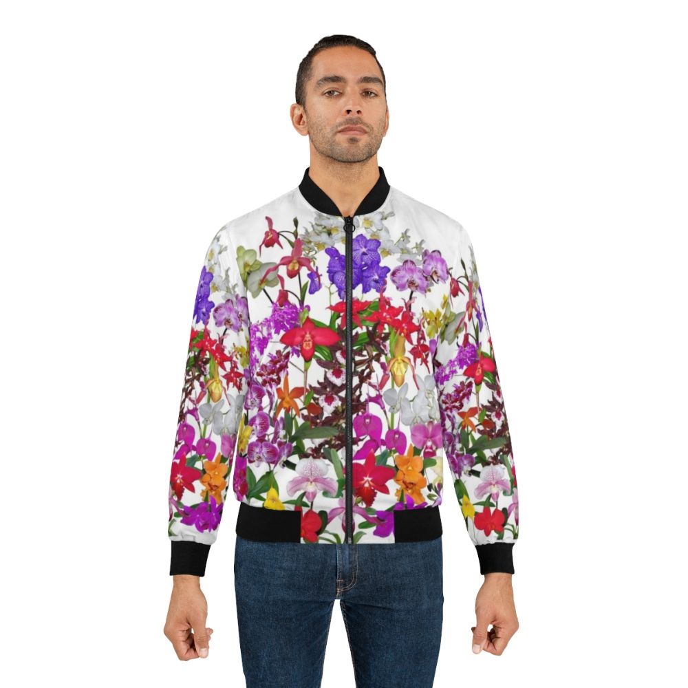 Vibrant bomber jacket featuring a digital photography design of colorful orchid flowers in various shades of red, pink, yellow, and more. - Lifestyle