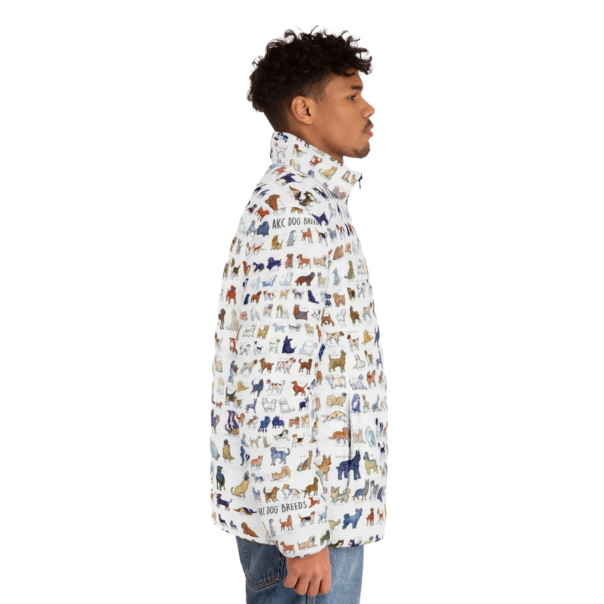 Puffer jacket featuring watercolor illustrations of all American Kennel Club dog breeds - men side right