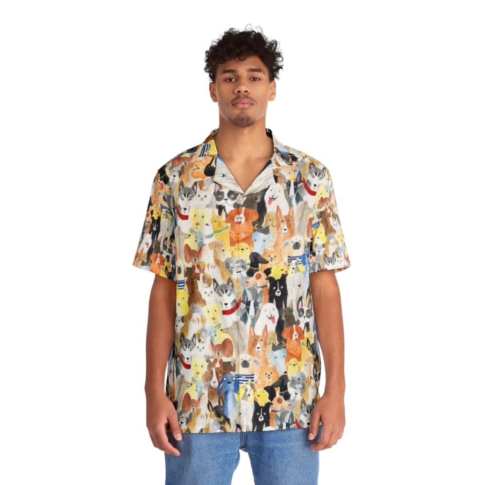 Colorful Hawaiian shirt featuring a playful watercolor print of various dog breeds - People Front