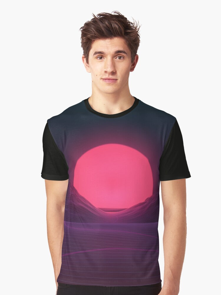 A vibrant neon sunset graphic t-shirt with retro 80s inspired landscape design. - Men