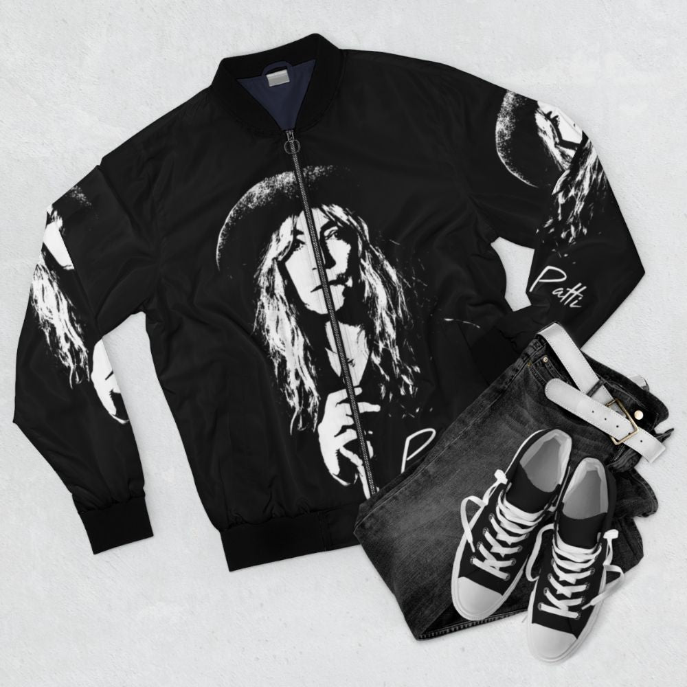 Patti Smith Retro Feminist Bomber Jacket - Flat lay