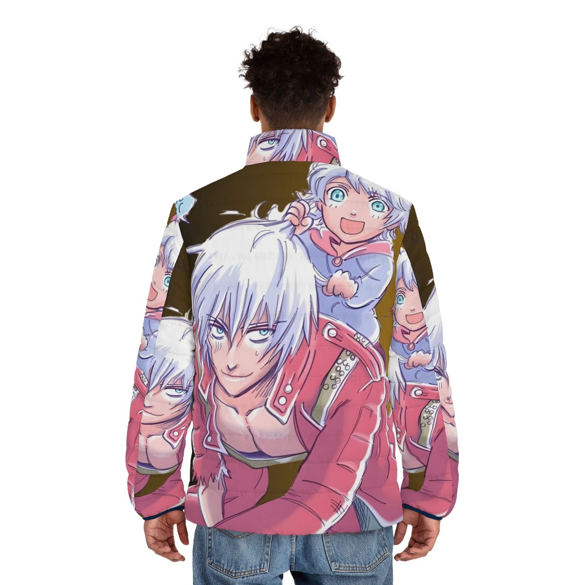 Devil May Cry inspired puffer jacket featuring fan art design - men back