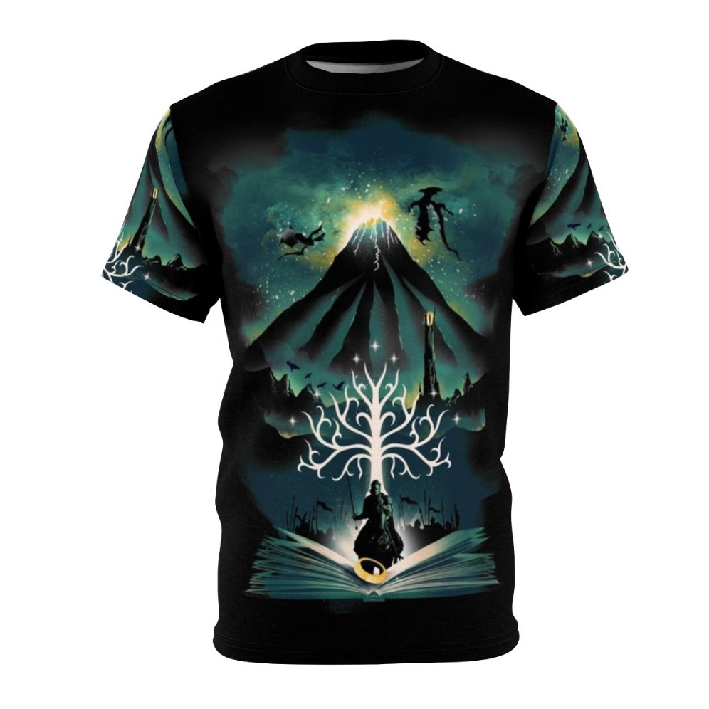 T-shirt with an abstract, artsy design featuring a magical, fantasy book theme