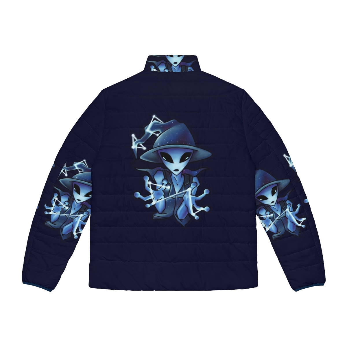 A galaxy-inspired puffer jacket with a wolf design, perfect for cosmic and celestial adventures. - Back