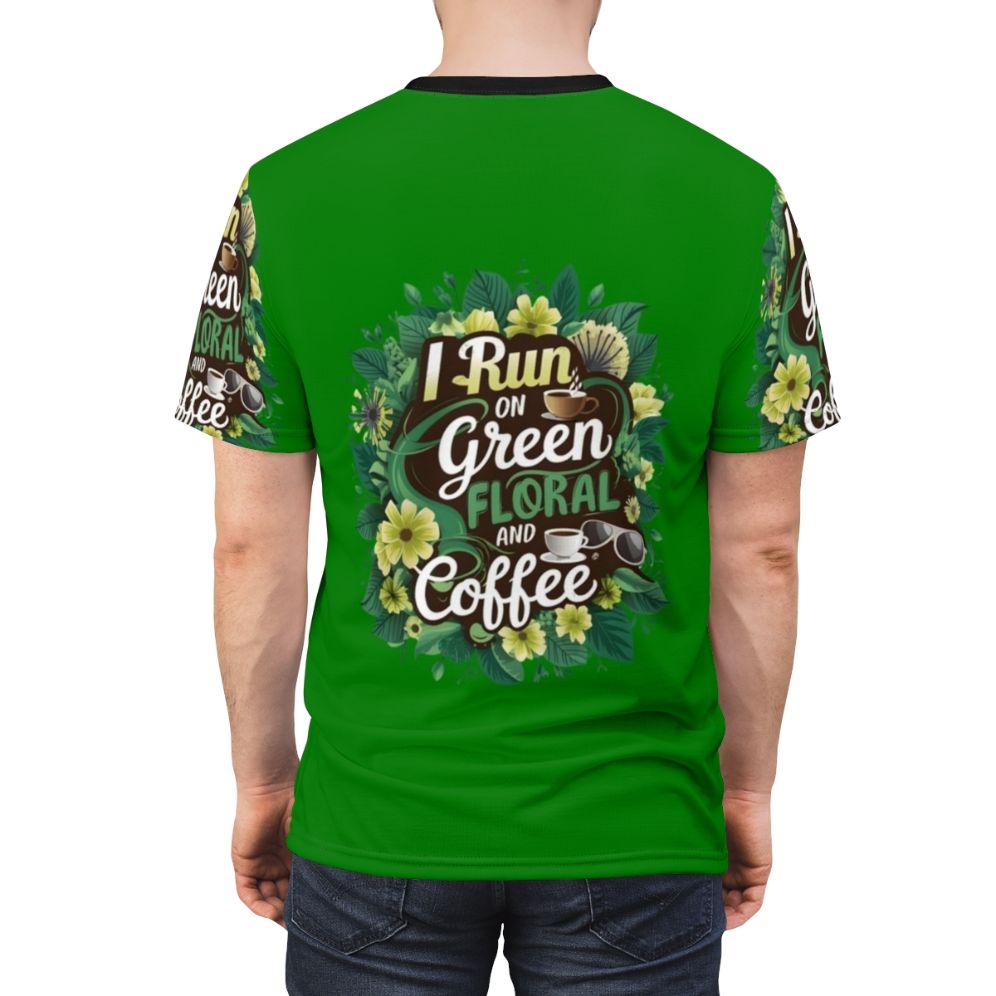 An all-over print t-shirt featuring a vibrant green floral and coffee design. - men back