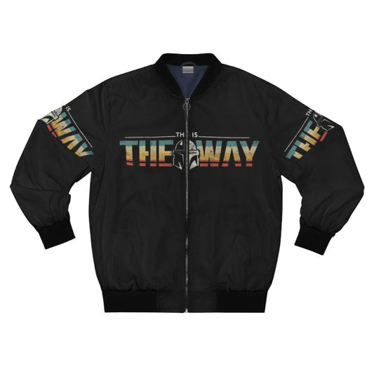 A stylish bomber jacket featuring the "This is the Way" quote and design elements from the Star Wars Mandalorian series.