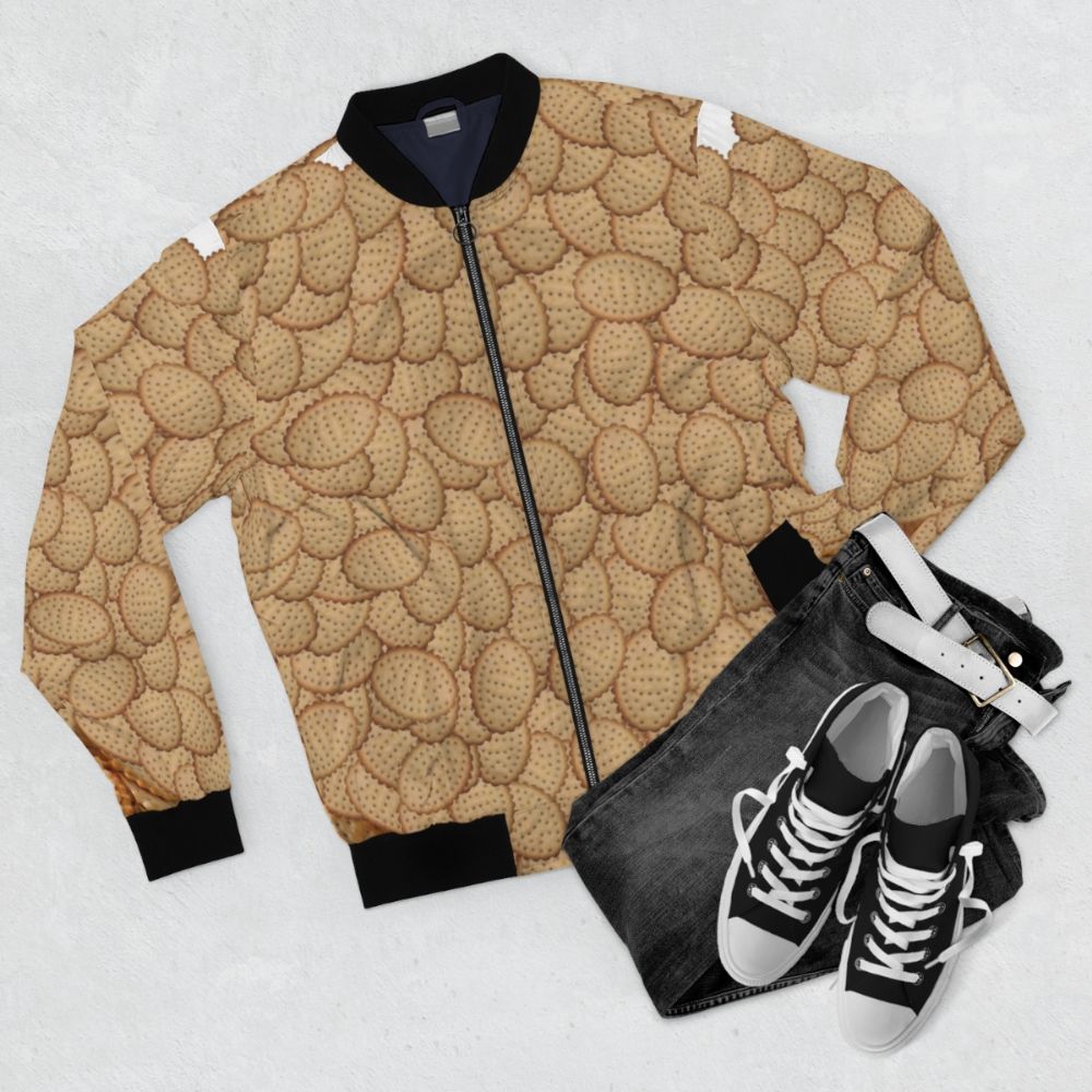 A bomber jacket featuring a collage design of chicken crimpy shapes, Arnotts biscuits, and crimpies. - Flat lay