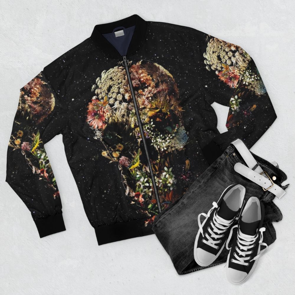 Skull and floral pattern bomber jacket - Flat lay