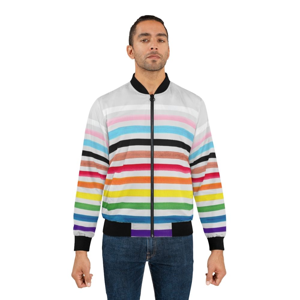 Progress Pride Stripes Bomber Jacket with LGBTQ and Transgender Flags - Lifestyle