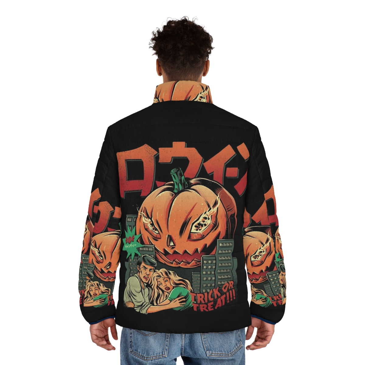 A puffer jacket with a pumpkin monster design, perfect for Halloween - men back