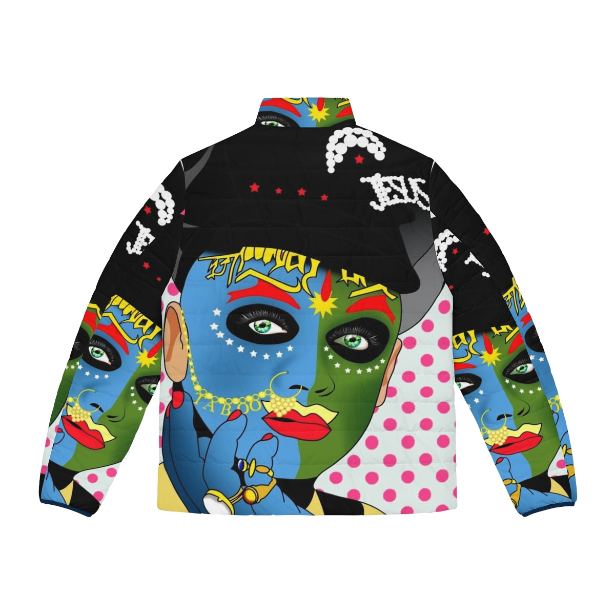 Colorful and whimsical Leigh Bowery puffer jacket, featuring a bold pop art style graphic design - Back