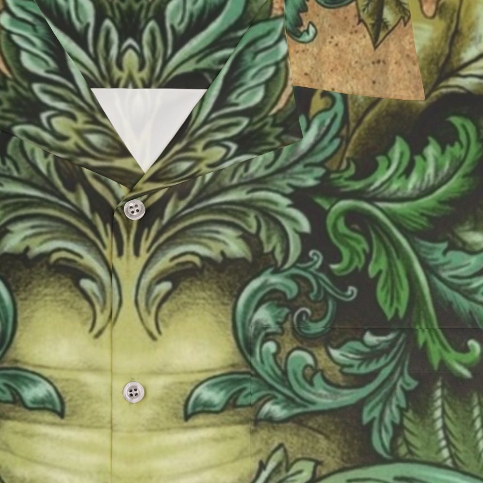 Green Man Hawaiian Shirt with Ornate Leaves and Scrollwork - Detail