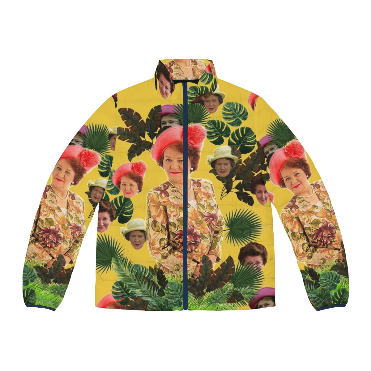 Hyacinth Bucket-inspired puffer jacket with a bouquet design