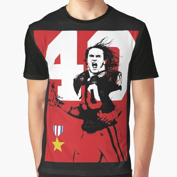 A graphic t-shirt featuring a tribute to Arizona Cardinals player and Army Ranger Pat Tillman, who was killed in action on September 11th.