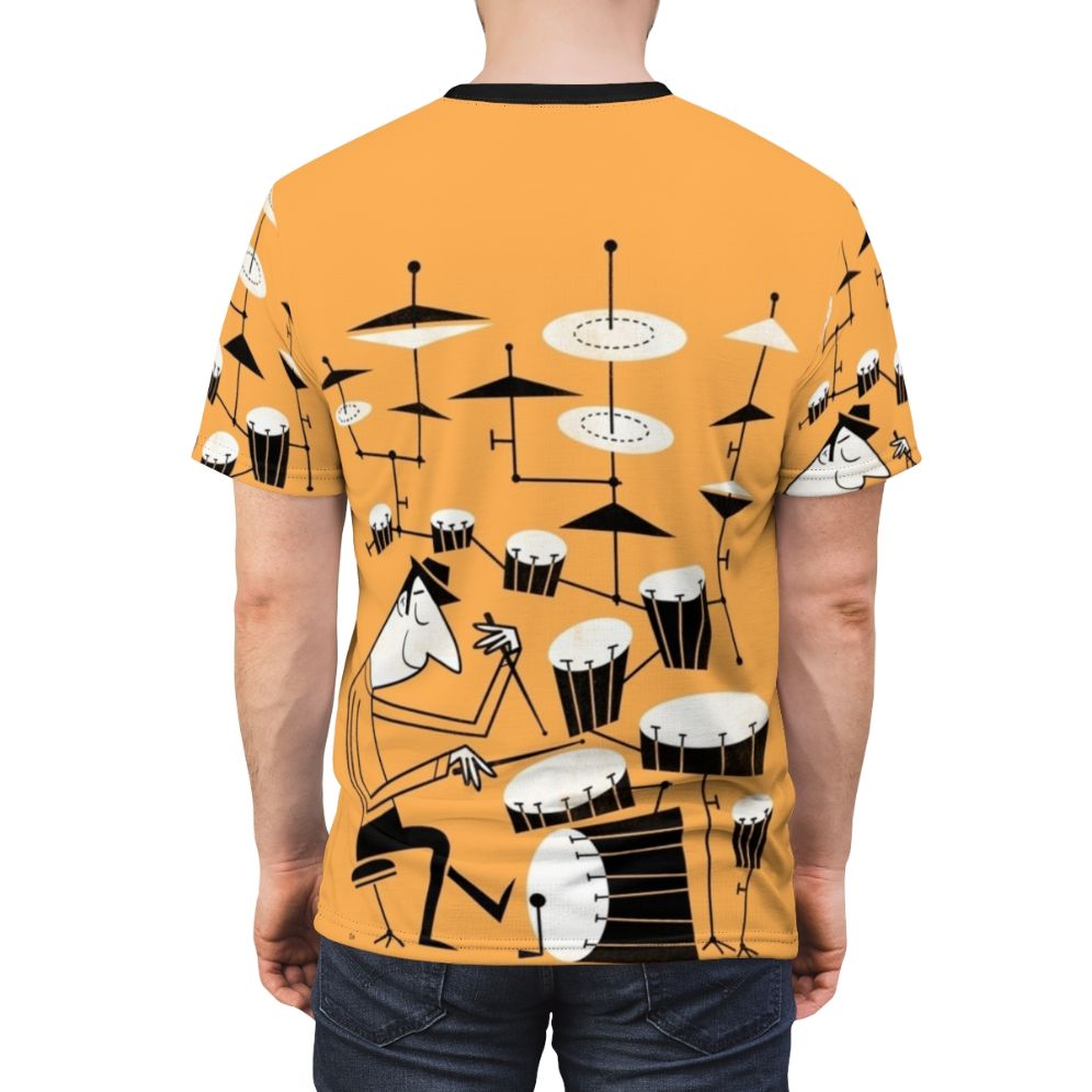 A graphic t-shirt featuring a funky, retro-inspired design with drums and a musical beat. - men back