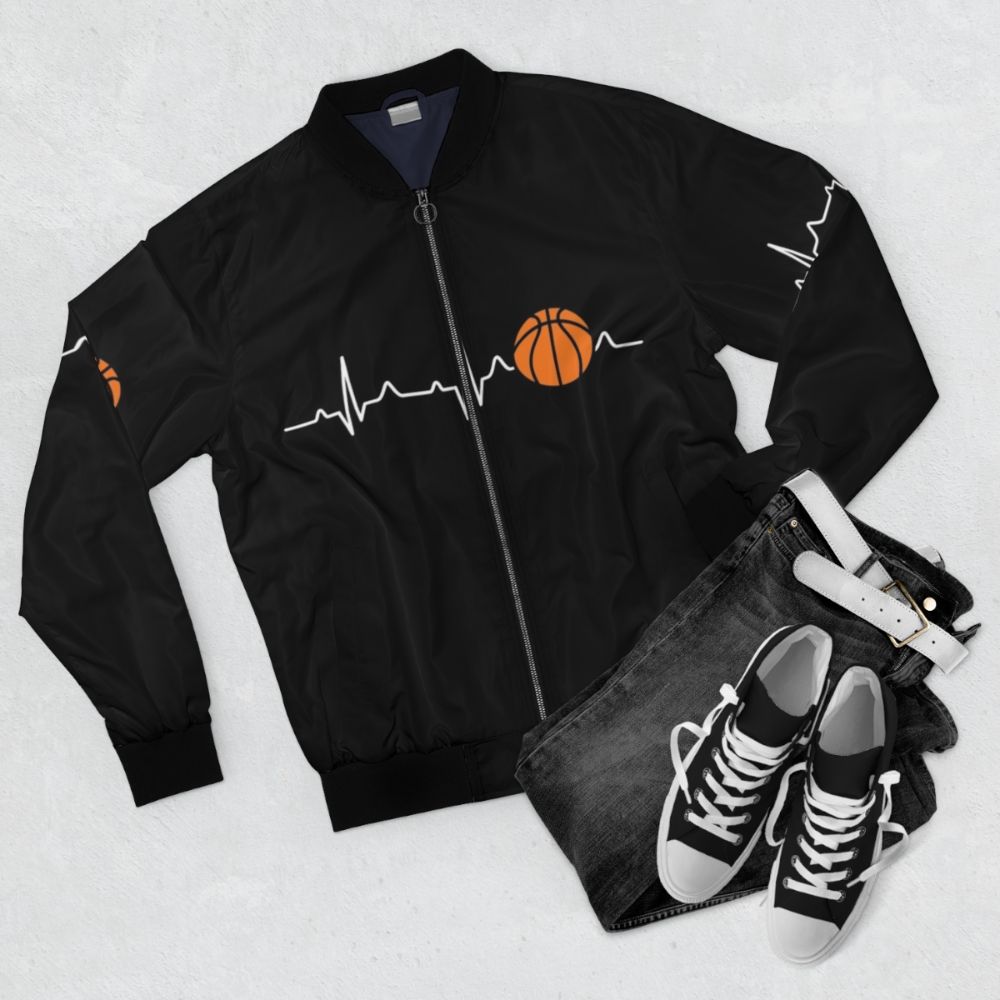 Basketball Heartbeat Bomber Jacket for Sports Lovers - Flat lay