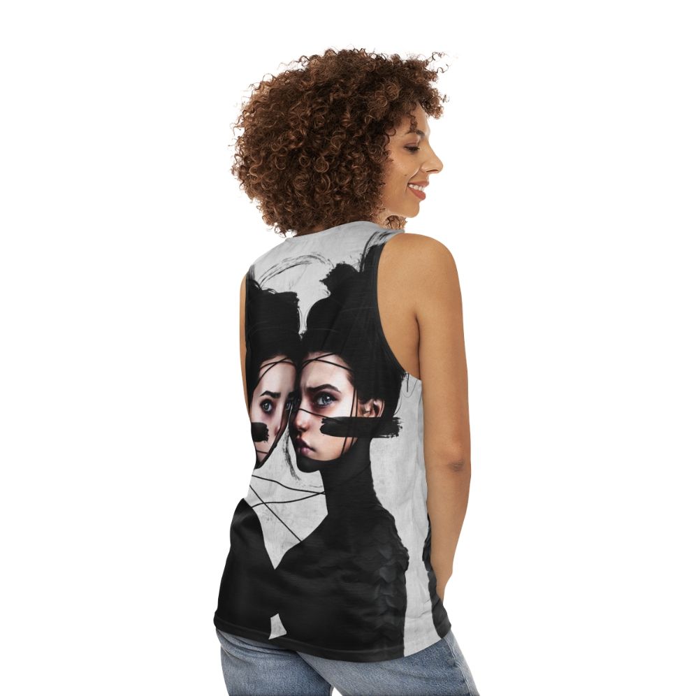 Gemini zodiac unisex tank top featuring surrealistic portrait art - women back